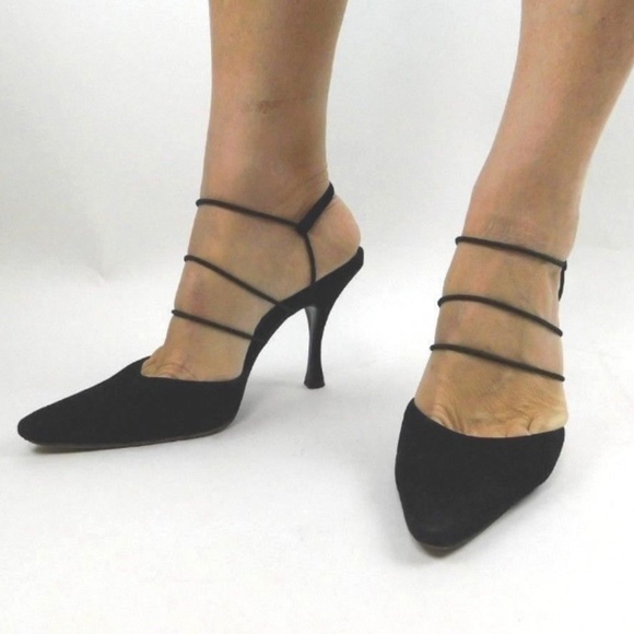 CHANEL Shoes - Chanel Vintage Black Suede Strappy Point Toe Heels